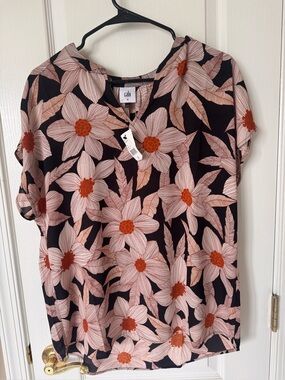 CAbi Black Floral V-Neck Short Sleeve Top - Blush Petals & Rust Centers